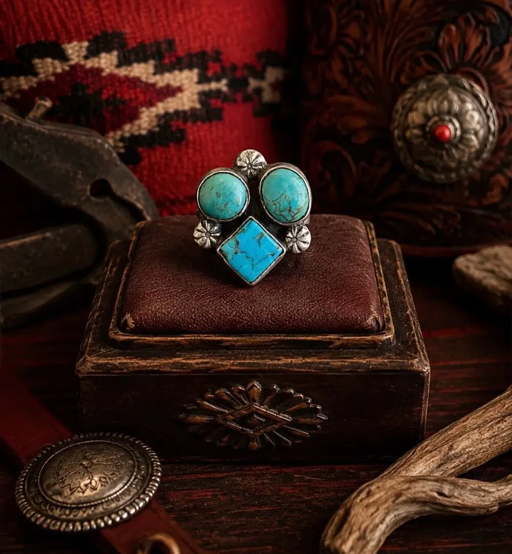 Three Stone Turquoise Sterling Silver Ring Mixed Shape & Color Southwestern Ring